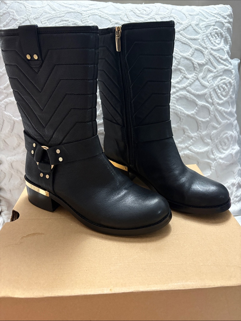 Vince Camuto Black Quilted Mid-Calf Boots with Gold Accent